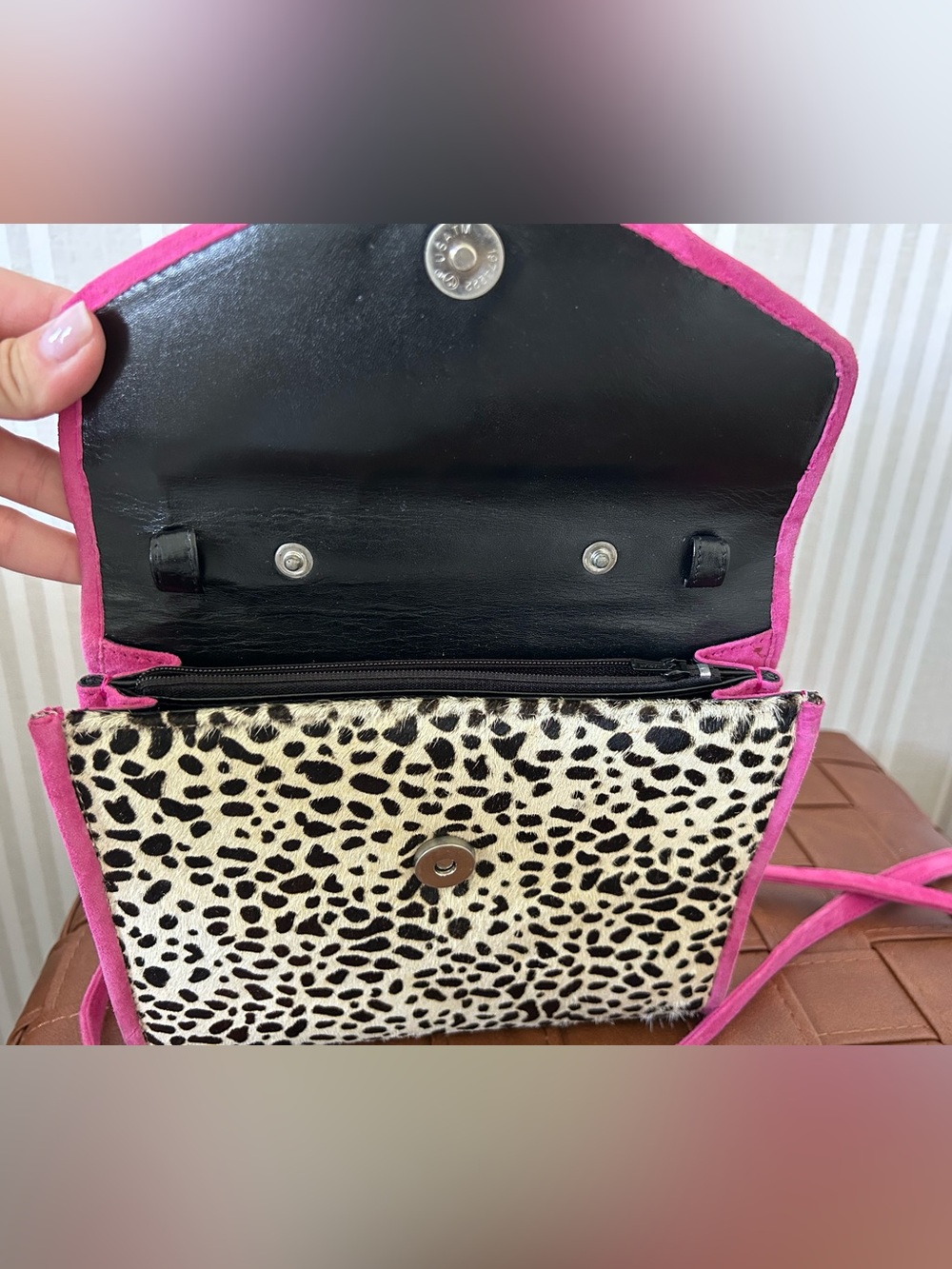 VINTAGE VAN ELi Pony Hair Spotted Pink Suede Crossbody Handbag Removable Strap - Picture 4 of 15